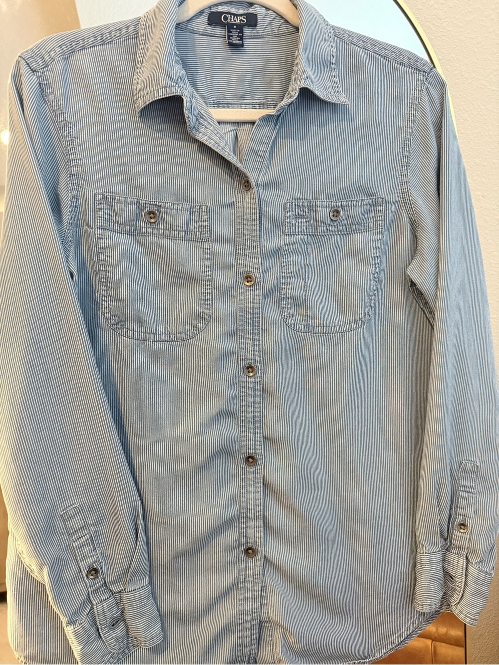 Chaps Light Blue Pinstripe Cotton Button-Up Shirt - Picture 2 of 6